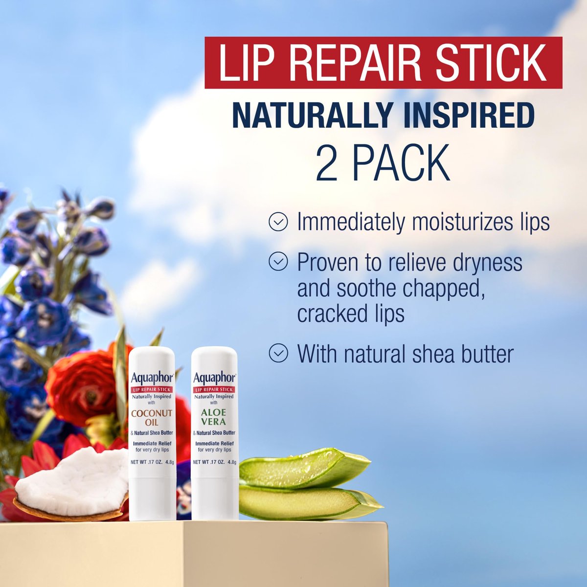 Aquaphor Naturally Inspired Lip Repair Stick Four (4) Pack - Shea Butter, Coconut Oil & Aloe Vera Lip Balm Set Avelisse