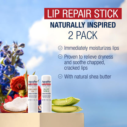 Aquaphor Naturally Inspired Lip Repair Stick Four (4) Pack - Shea Butter, Coconut Oil & Aloe Vera Lip Balm Set Avelisse