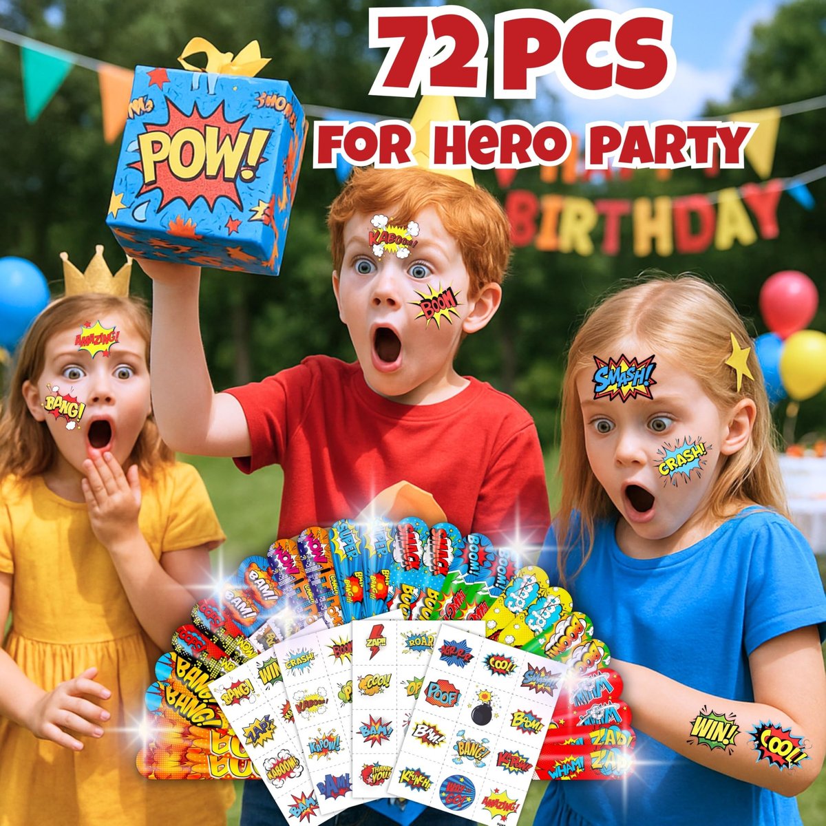 Cherisnowy 72-Piece Hero Party Set: 48 Temporary Tattoos & 24 Slap Bracelets for Kids' Birthday, Baby Shower, Classroom Rewards, and Party Decor - görsel 7