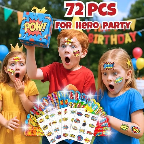 Cherisnowy 72-Piece Hero Party Set: 48 Temporary Tattoos & 24 Slap Bracelets for Kids' Birthday, Baby Shower, Classroom Rewards, and Party Decor - görsel 8