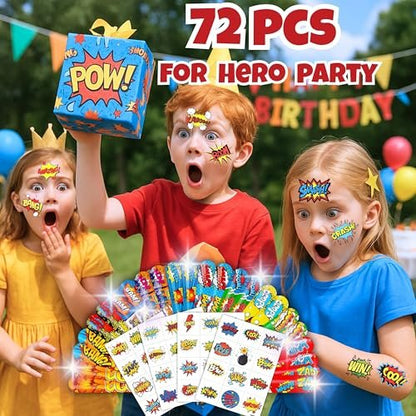 Cherisnowy 72-Piece Hero Party Set: 48 Temporary Tattoos & 24 Slap Bracelets for Kids' Birthday, Baby Shower, Classroom Rewards, and Party Decor