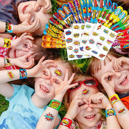 Cherisnowy 72-Piece Hero Party Set: 48 Temporary Tattoos & 24 Slap Bracelets for Kids' Birthday, Baby Shower, Classroom Rewards, and Party Decor