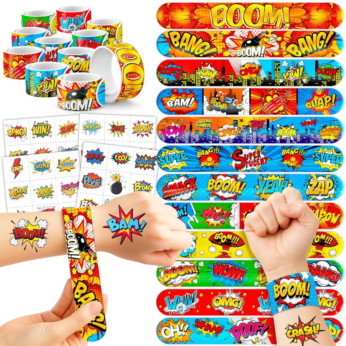 Cherisnowy 72-Piece Hero Party Set: 48 Temporary Tattoos & 24 Slap Bracelets for Kids' Birthday, Baby Shower, Classroom Rewards, and Party Decor - görsel 1