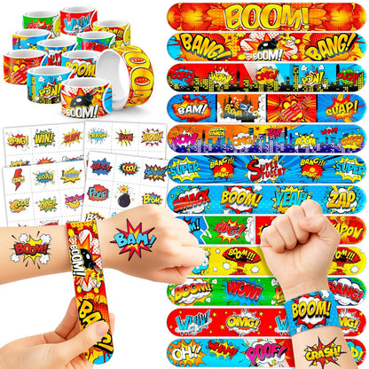 Cherisnowy 72-Piece Hero Party Set: 48 Temporary Tattoos & 24 Slap Bracelets for Kids' Birthday, Baby Shower, Classroom Rewards, and Party Decor