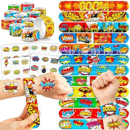 Cherisnowy 72-Piece Hero Party Set: 48 Temporary Tattoos & 24 Slap Bracelets for Kids' Birthday, Baby Shower, Classroom Rewards, and Party Decor