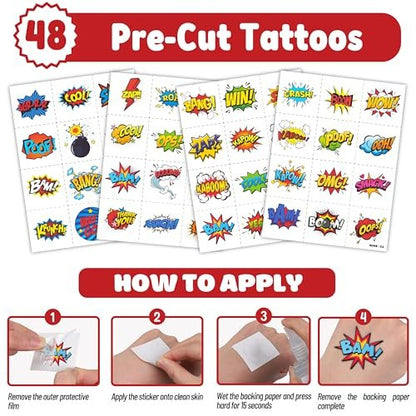 Cherisnowy 72-Piece Hero Party Set: 48 Temporary Tattoos & 24 Slap Bracelets for Kids' Birthday, Baby Shower, Classroom Rewards, and Party Decor