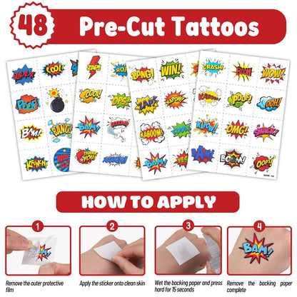 Cherisnowy 72-Piece Hero Party Set: 48 Temporary Tattoos & 24 Slap Bracelets for Kids' Birthday, Baby Shower, Classroom Rewards, and Party Decor