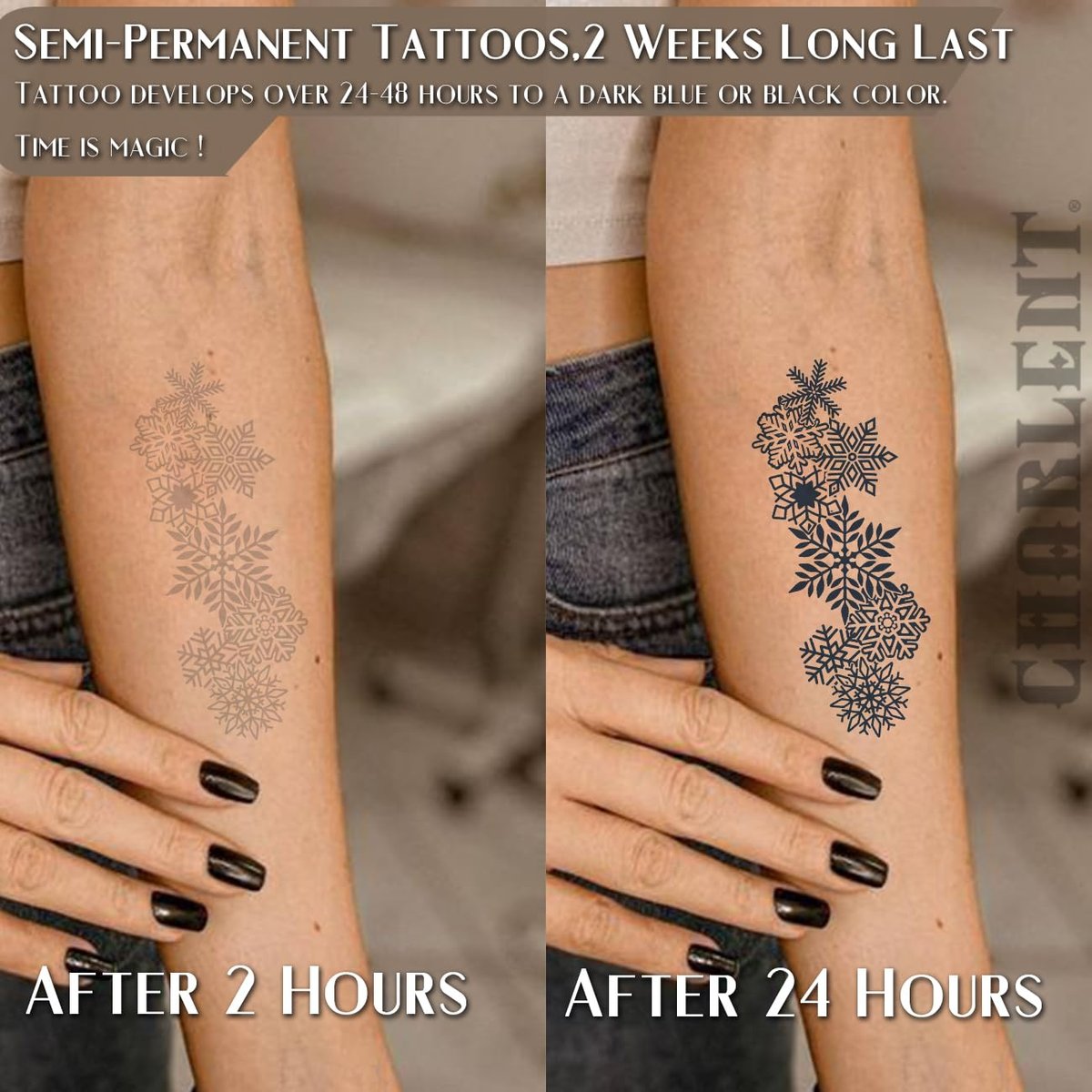 CHARLENT Snowflake Semi-Permanent Tattoos for Women Adults - Realistic Fake Tattoos Last 2 Weeks, Waterproof, Fades Naturally, Dark Blue - görsel 3