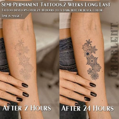 CHARLENT Snowflake Semi-Permanent Tattoos for Women Adults - Realistic Fake Tattoos Last 2 Weeks, Waterproof, Fades Naturally, Dark Blue