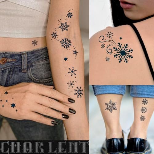 CHARLENT Snowflake Semi-Permanent Tattoos for Women Adults - Realistic Fake Tattoos Last 2 Weeks, Waterproof, Fades Naturally, Dark Blue - görsel 16