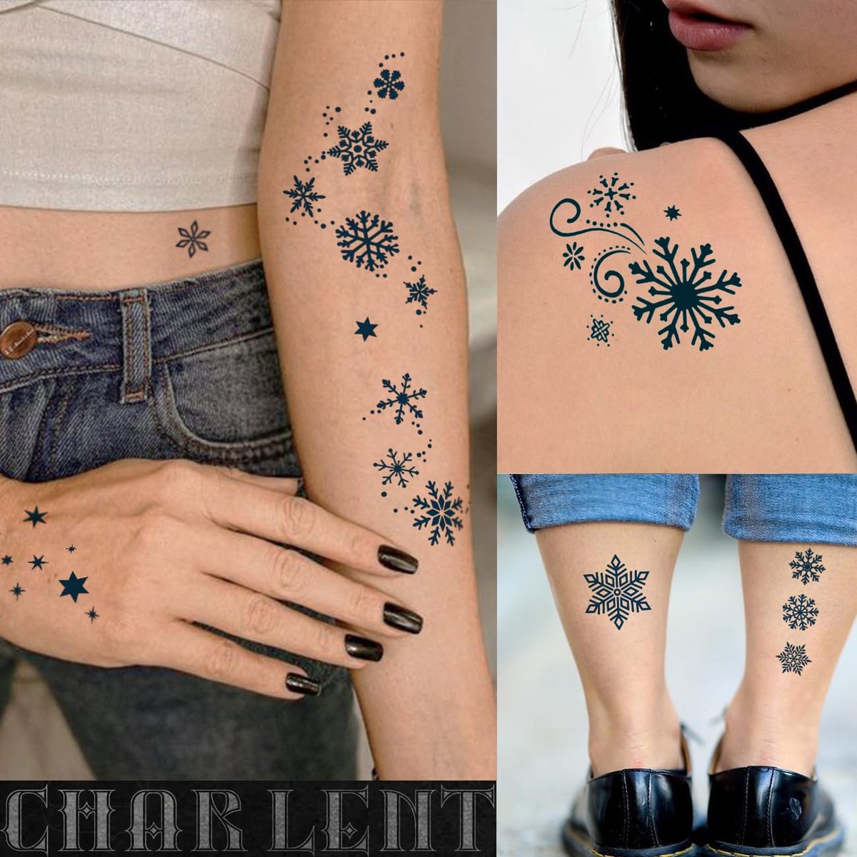 CHARLENT Snowflake Semi-Permanent Tattoos for Women Adults - Realistic Fake Tattoos Last 2 Weeks, Waterproof, Fades Naturally, Dark Blue - görsel 15