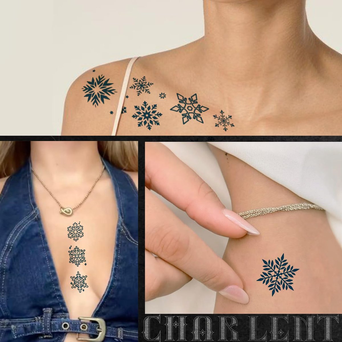 CHARLENT Snowflake Semi-Permanent Tattoos for Women Adults - Realistic Fake Tattoos Last 2 Weeks, Waterproof, Fades Naturally, Dark Blue - görsel 11