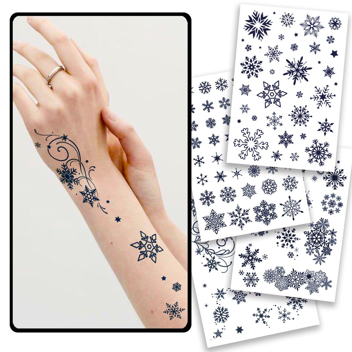 CHARLENT Snowflake Semi-Permanent Tattoos for Women Adults - Realistic Fake Tattoos Last 2 Weeks, Waterproof, Fades Naturally, Dark Blue - görsel 1