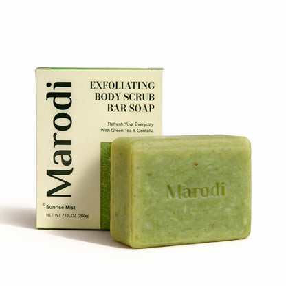 Marodi Body Scrub Bar Soap - Korean Exfoliating Body Wash Bar with Green Tea & Centella Extract, 7 Oz (200g), Subtle Fruity Citrus Scent, Deep Cleaning, Moisturizing & Refreshing, Sunrise Mist