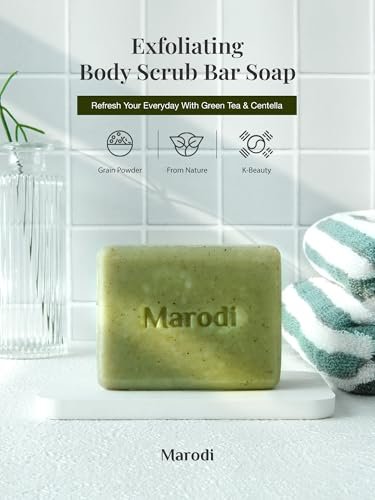 Marodi Body Scrub Bar Soap - Korean Exfoliating Body Wash Bar with Green Tea & Centella Extract, 7 Oz (200g), Subtle Fruity Citrus Scent, Deep Cleaning, Moisturizing & Refreshing, Sunrise Mist