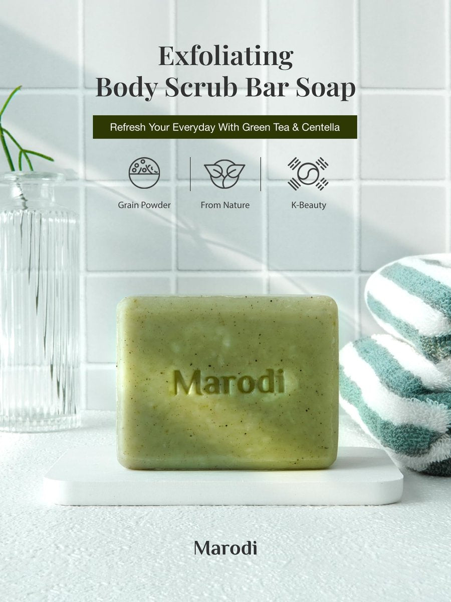 Marodi Body Scrub Bar Soap - Korean Exfoliating Body Wash Bar with Green Tea & Centella Extract, 7 Oz (200g), Subtle Fruity Citrus Scent, Deep Cleaning, Moisturizing & Refreshing, Sunrise Mist - görsel 3