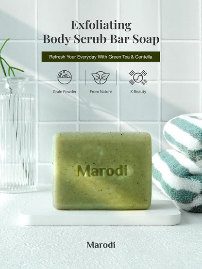 Marodi Body Scrub Bar Soap - Korean Exfoliating Body Wash Bar with Green Tea & Centella Extract, 7 Oz (200g), Subtle Fruity Citrus Scent, Deep Cleaning, Moisturizing & Refreshing, Sunrise Mist