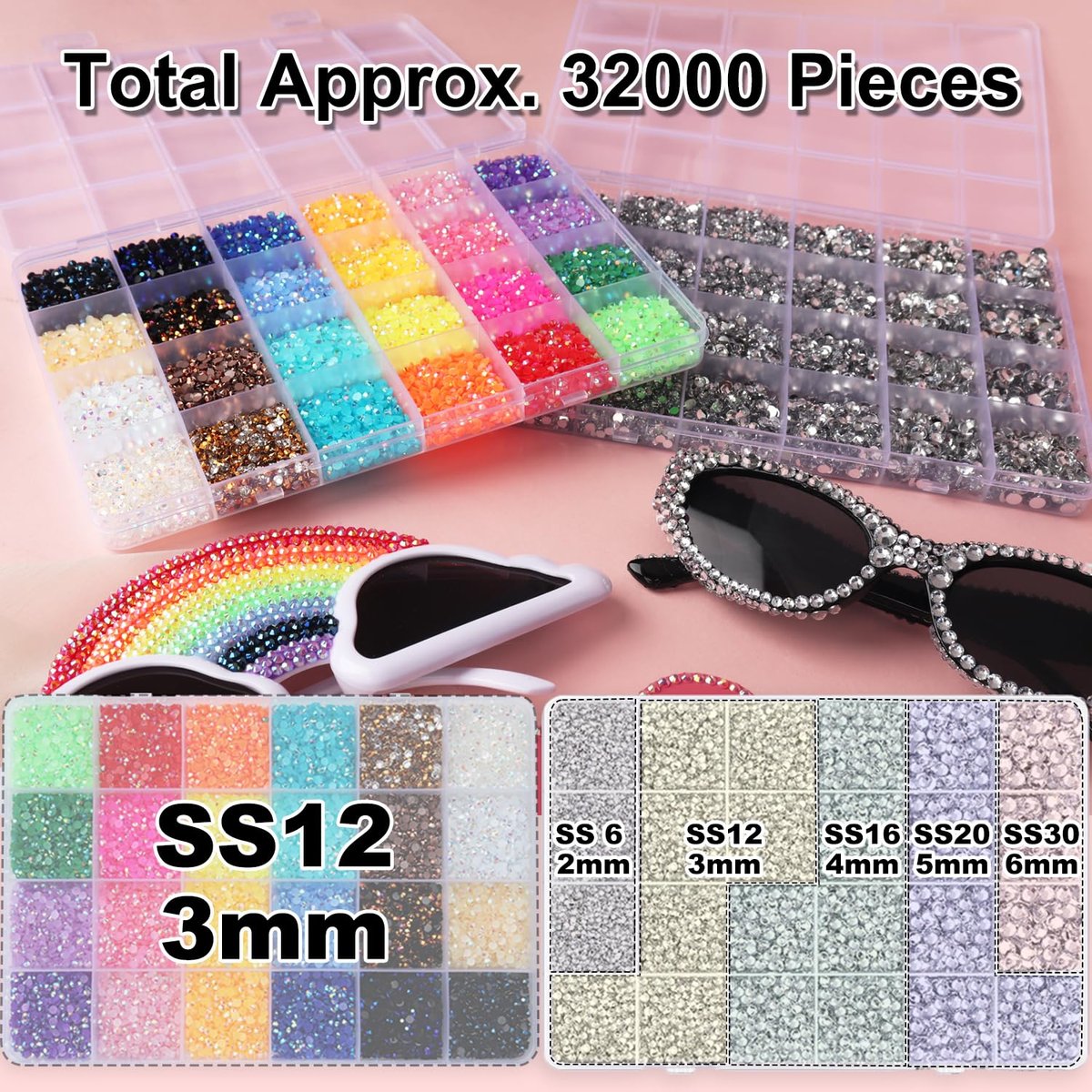 2 Boxes Rhinestones for Bedazzling Kits, Multicolor 3mm & Silver Clear 2-6mm Resin Flatback Gems with 3x B7000 Glue for DIY Crafting - görsel 7