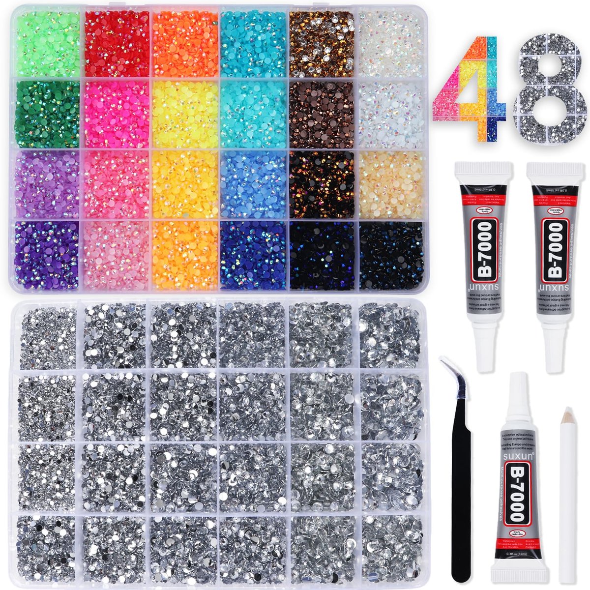 2 Boxes Rhinestones for Bedazzling Kits, Multicolor 3mm & Silver Clear 2-6mm Resin Flatback Gems with 3x B7000 Glue for DIY Crafting - görsel 1