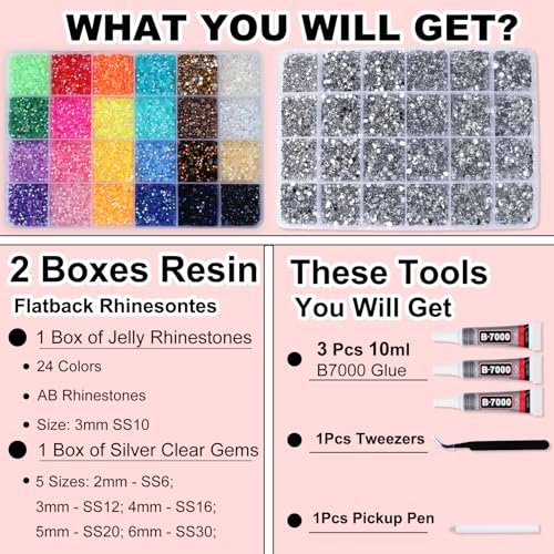 2 Boxes Rhinestones for Bedazzling Kits, Multicolor 3mm & Silver Clear 2-6mm Resin Flatback Gems with 3x B7000 Glue for DIY Crafting - görsel 4