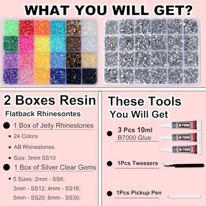 2 Boxes Rhinestones for Bedazzling Kits, Multicolor 3mm & Silver Clear 2-6mm Resin Flatback Gems with 3x B7000 Glue for DIY Crafting