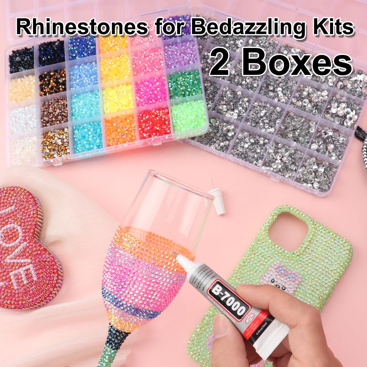 2 Boxes Rhinestones for Bedazzling Kits, Multicolor 3mm & Silver Clear 2-6mm Resin Flatback Gems with 3x B7000 Glue for DIY Crafting - görsel 5