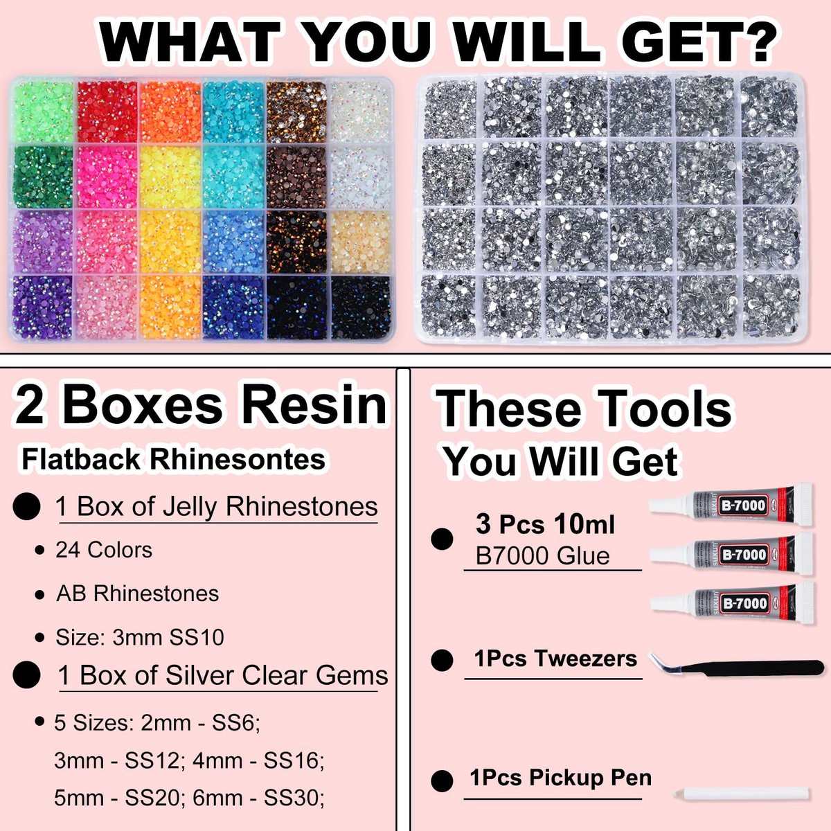2 Boxes Rhinestones for Bedazzling Kits, Multicolor 3mm & Silver Clear 2-6mm Resin Flatback Gems with 3x B7000 Glue for DIY Crafting - görsel 3
