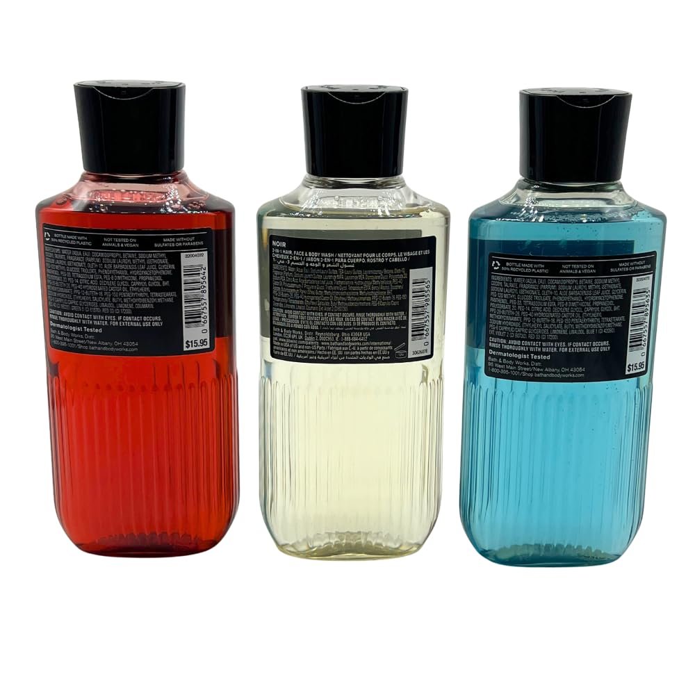 Bath & Body Works Bourbon, Noir, Ocean Men's Collection 3-in-1 Hair, Face & Body Wash Gift Set (3 x 10 fl oz) Avelisse