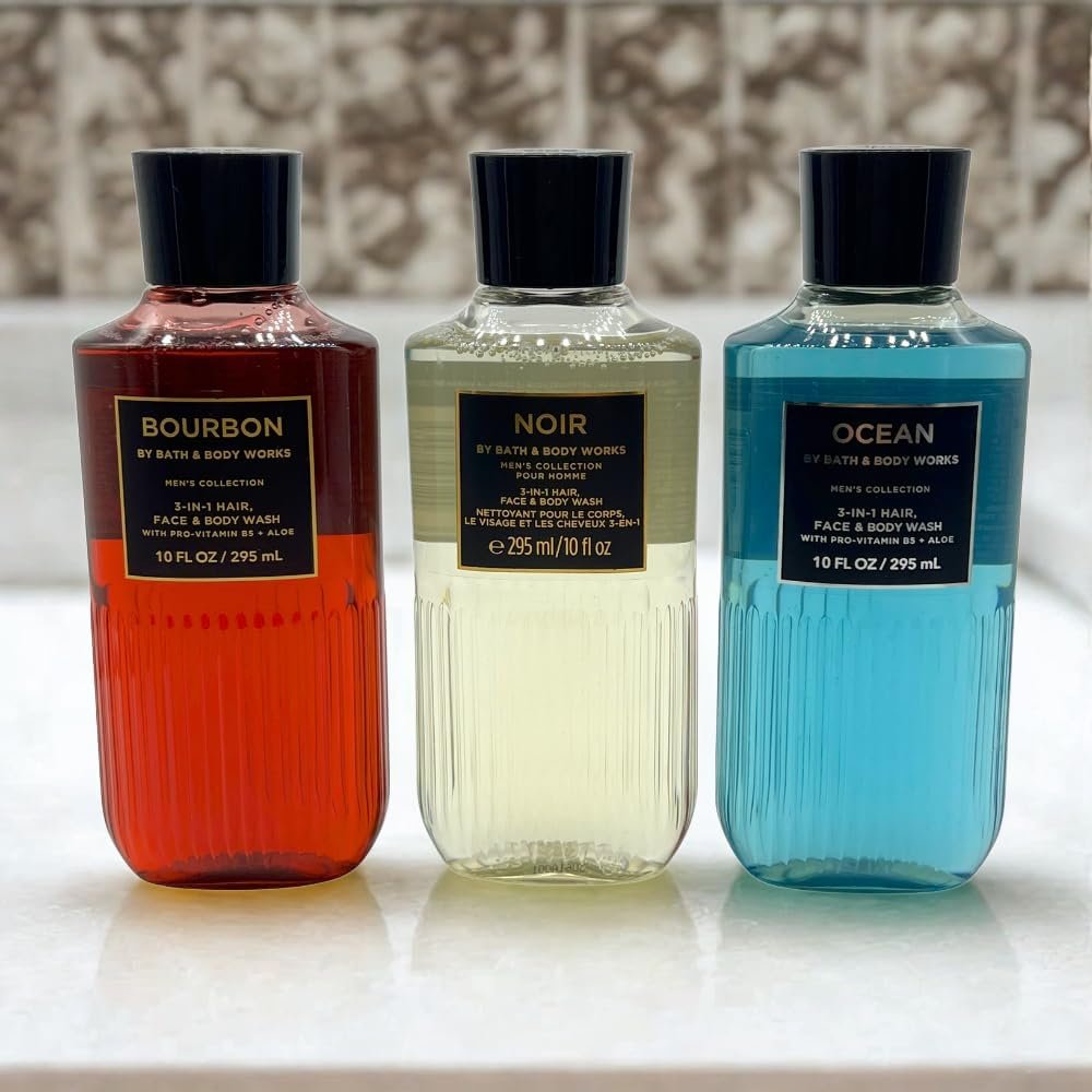 Bath & Body Works Bourbon, Noir, Ocean Men's Collection 3-in-1 Hair, Face & Body Wash Gift Set (3 x 10 fl oz) Avelisse
