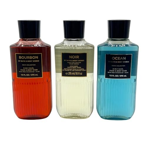 Bath & Body Works Bourbon, Noir, Ocean Men's Collection 3-in-1 Hair, Face & Body Wash Gift Set (3 x 10 fl oz) Avelisse