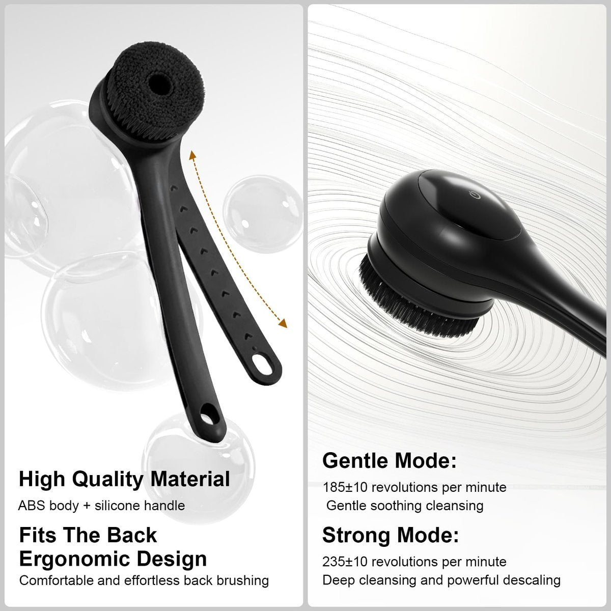 Electric Body Brush Back Scrubber for Shower - Waterproof Long Dual Handle Power Body Scrubber with 3 Heads, 2 Speeds, for Cleansing, Exfoliating and Massaging Skin, Black Avelisse