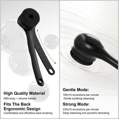 Electric Body Brush Back Scrubber for Shower - Waterproof Long Dual Handle Power Body Scrubber with 3 Heads, 2 Speeds, for Cleansing, Exfoliating and Massaging Skin, Black Avelisse
