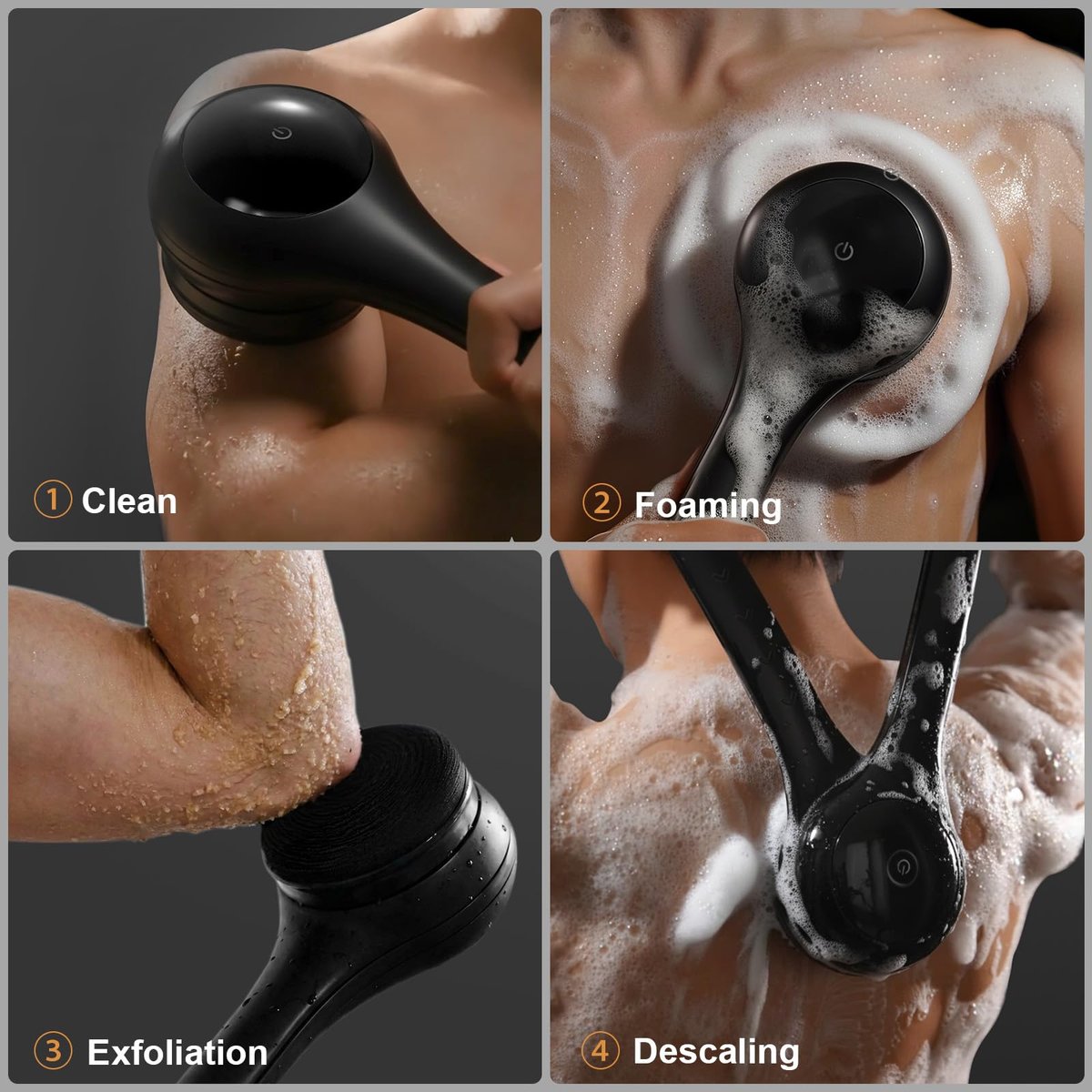 Electric Body Brush Back Scrubber for Shower - Waterproof Long Dual Handle Power Body Scrubber with 3 Heads, 2 Speeds, for Cleansing, Exfoliating and Massaging Skin, Black Avelisse