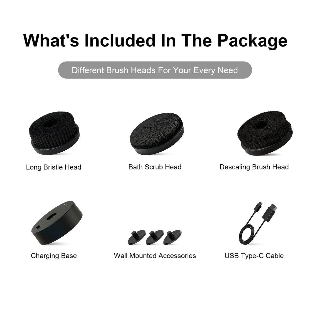 Electric Body Brush Back Scrubber for Shower - Waterproof Long Dual Handle Power Body Scrubber with 3 Heads, 2 Speeds, for Cleansing, Exfoliating and Massaging Skin, Black Avelisse