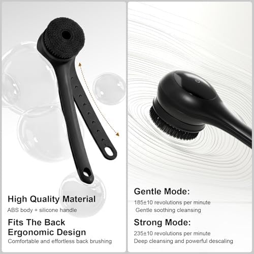 Electric Body Brush Back Scrubber for Shower - Waterproof Long Dual Handle Power Body Scrubber with 3 Heads, 2 Speeds, for Cleansing, Exfoliating and Massaging Skin, Black Avelisse