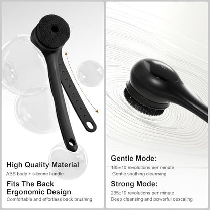 Electric Body Brush Back Scrubber for Shower - Waterproof Long Dual Handle Power Body Scrubber with 3 Heads, 2 Speeds, for Cleansing, Exfoliating and Massaging Skin, Black Avelisse