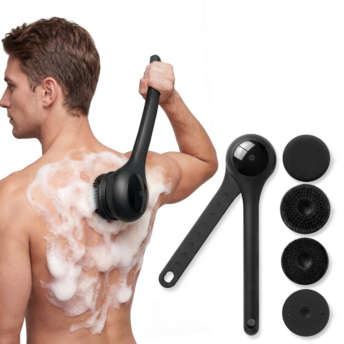 Electric Body Brush Back Scrubber for Shower - Waterproof Long Dual Handle Power Body Scrubber with 3 Heads, 2 Speeds, for Cleansing, Exfoliating and Massaging Skin, Black Avelisse