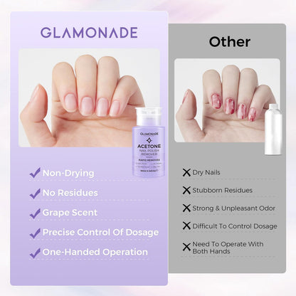 Glamonade Acetone Nail Polish Remover 6.34 Fl Oz – Grape Scent Gel Polish Remover with Easy Push-Down Pump for Regular Nail Polish, Gel, Nail Tips, Glitter Polish