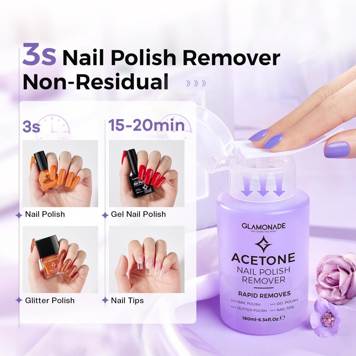 Glamonade Acetone Nail Polish Remover 6.34 Fl Oz – Grape Scent Gel Polish Remover with Easy Push-Down Pump for Regular Nail Polish, Gel, Nail Tips, Glitter Polish - görsel 3