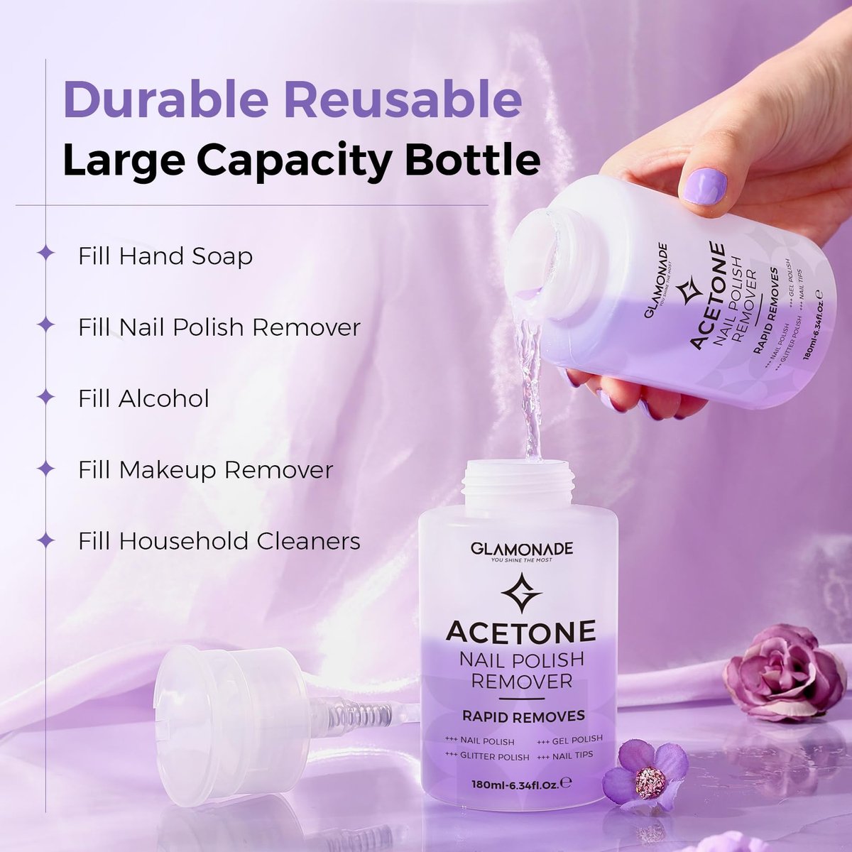 Glamonade Acetone Nail Polish Remover 6.34 Fl Oz – Grape Scent Gel Polish Remover with Easy Push-Down Pump for Regular Nail Polish, Gel, Nail Tips, Glitter Polish - görsel 15