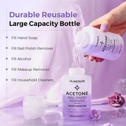 Glamonade Acetone Nail Polish Remover 6.34 Fl Oz – Grape Scent Gel Polish Remover with Easy Push-Down Pump for Regular Nail Polish, Gel, Nail Tips, Glitter Polish