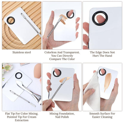 Matwsec 3-Piece Makeup Mixing Palette Set - Foundation Palette with Spatula & Double-Ended Brush for Cream, Liquid & Nail Art Blending