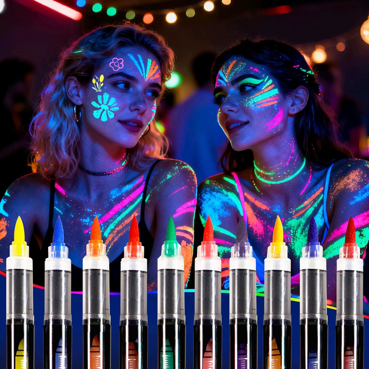 Oiomniv Glow in The Dark Face Paint Markers, 10 Colors UV Neon Body Paint Pens, Waterproof & Skin-Safe Blacklight Tattoo Markers, Washable Temporary Tattoo Pens for Halloween, Music Festivals Parties Avelisse