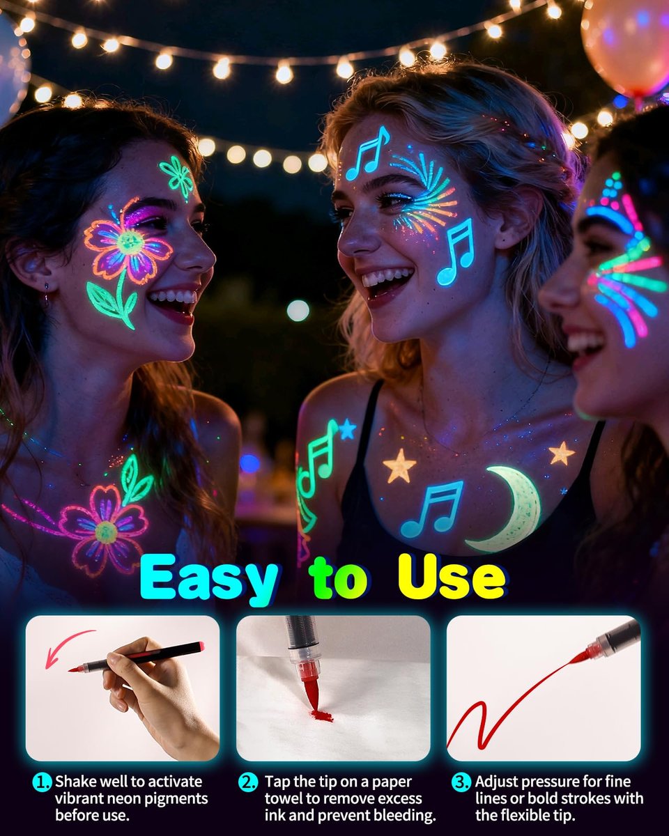 Oiomniv Glow in The Dark Face Paint Markers, 10 Colors UV Neon Body Paint Pens, Waterproof & Skin-Safe Blacklight Tattoo Markers, Washable Temporary Tattoo Pens for Halloween, Music Festivals Parties Avelisse