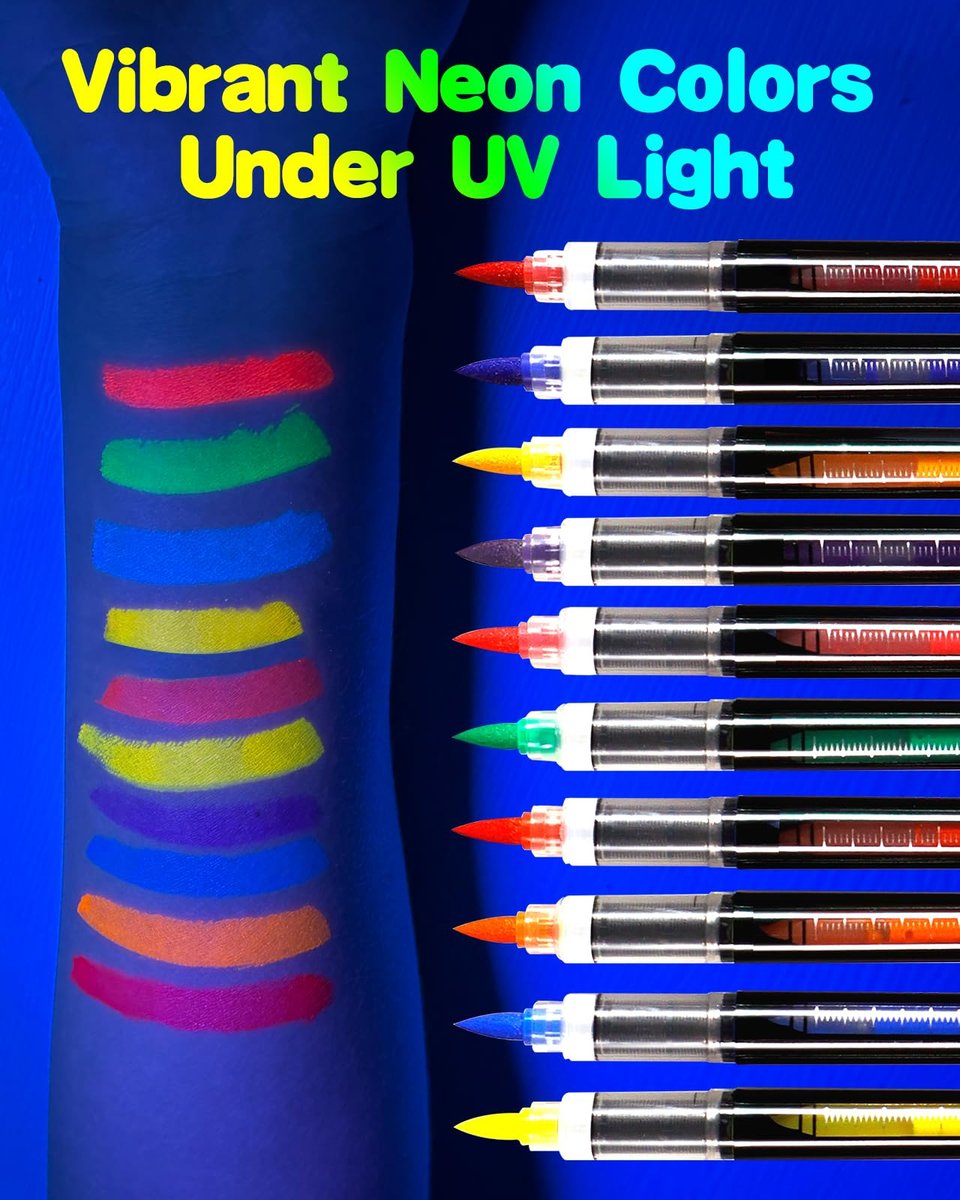 Oiomniv Glow in The Dark Face Paint Markers, 10 Colors UV Neon Body Paint Pens, Waterproof & Skin-Safe Blacklight Tattoo Markers, Washable Temporary Tattoo Pens for Halloween, Music Festivals Parties Avelisse