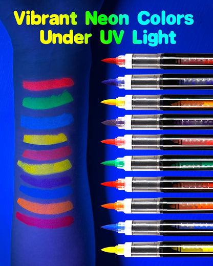 Oiomniv Glow in The Dark Face Paint Markers, 10 Colors UV Neon Body Paint Pens, Waterproof & Skin-Safe Blacklight Tattoo Markers, Washable Temporary Tattoo Pens for Halloween, Music Festivals Parties Avelisse