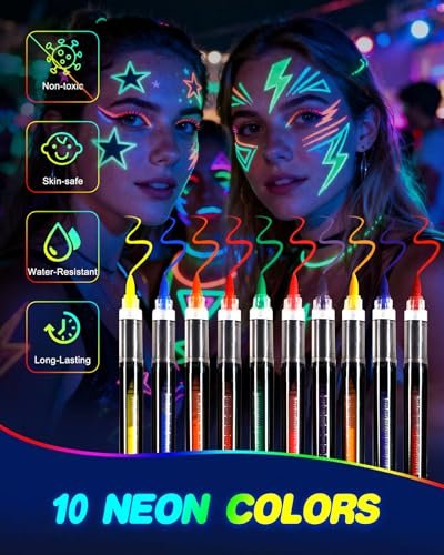 Oiomniv Glow in The Dark Face Paint Markers, 10 Colors UV Neon Body Paint Pens, Waterproof & Skin-Safe Blacklight Tattoo Markers, Washable Temporary Tattoo Pens for Halloween, Music Festivals Parties Avelisse