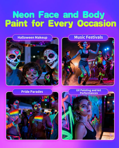 Oiomniv Glow in The Dark Face Paint Markers, 10 Colors UV Neon Body Paint Pens, Waterproof & Skin-Safe Blacklight Tattoo Markers, Washable Temporary Tattoo Pens for Halloween, Music Festivals Parties Avelisse