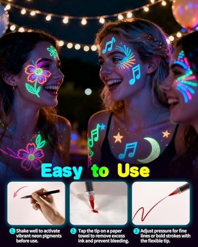 Oiomniv Glow in The Dark Face Paint Markers, 10 Colors UV Neon Body Paint Pens, Waterproof & Skin-Safe Blacklight Tattoo Markers, Washable Temporary Tattoo Pens for Halloween, Music Festivals Parties Avelisse