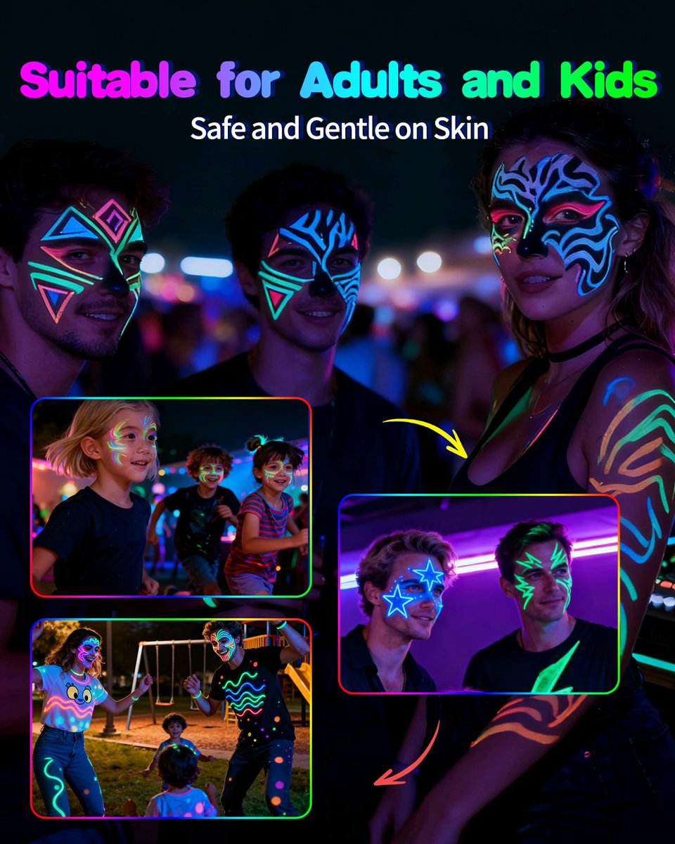 Oiomniv Glow in The Dark Face Paint Markers, 10 Colors UV Neon Body Paint Pens, Waterproof & Skin-Safe Blacklight Tattoo Markers, Washable Temporary Tattoo Pens for Halloween, Music Festivals Parties Avelisse